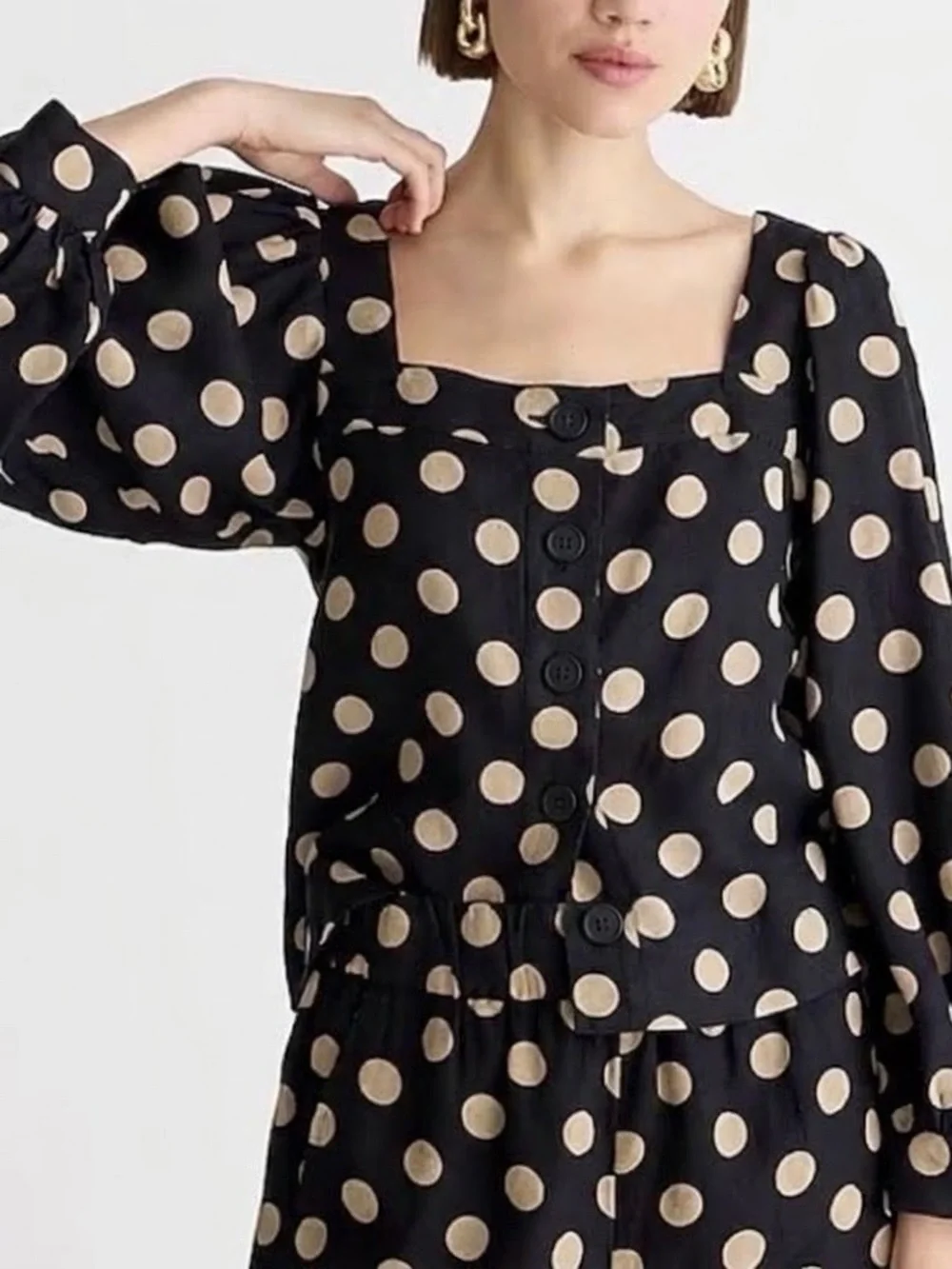 J.Crew Black Tan Polka Dot Square Neck Linen Puff Sleeve Blouse Top XS